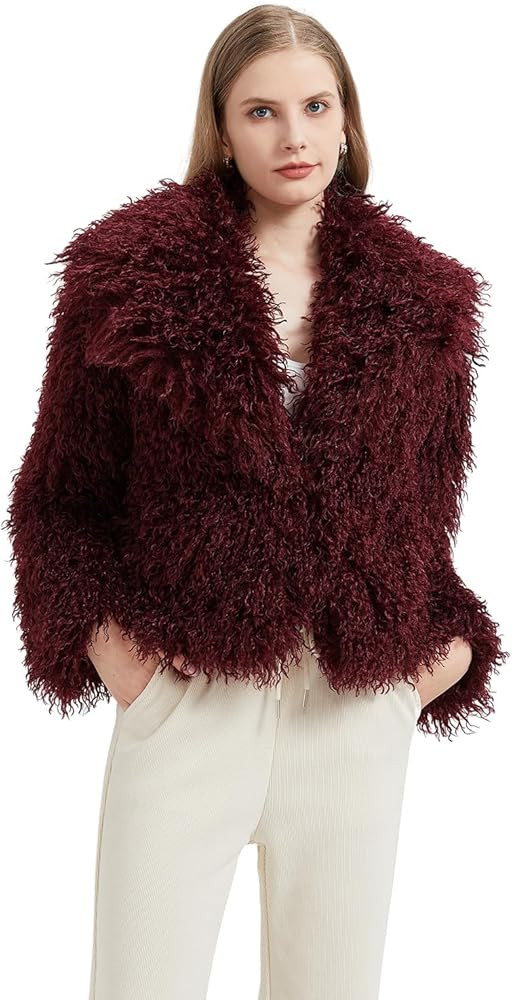 GRAN ORIENTE Women Burgundy Shaggy Cropped Jacket Coats,2025 Winter Fluffy Faux Fur Warm Long Sle... | Amazon (US)