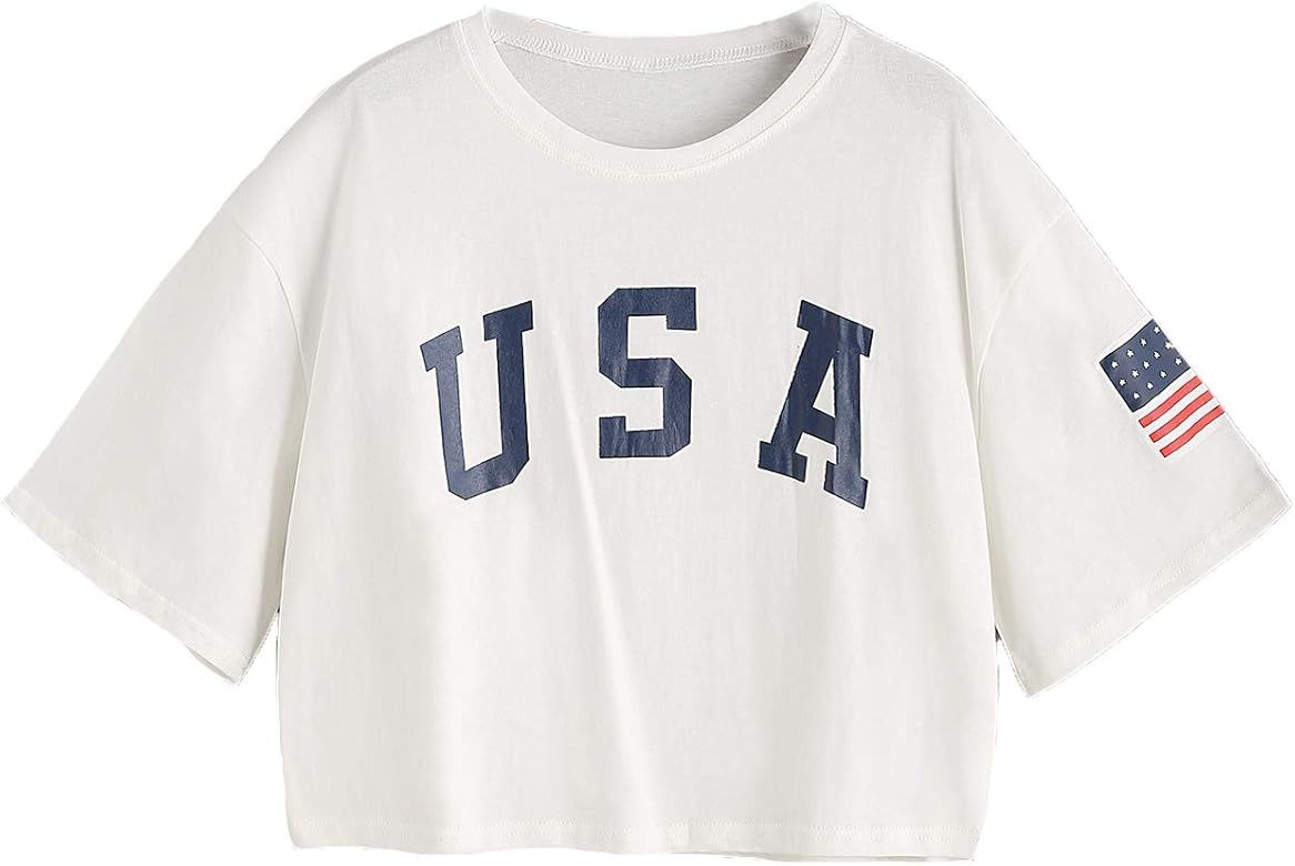 SweatyRocks Women's Letter Print Crop Tops Summer Short Sleeve T-shirt Bright White M | Amazon (US)