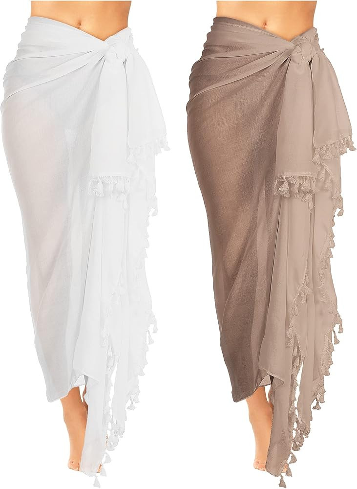 2 Pieces Women Beach Batik Long Sarong Swimsuit Cover up Wrap Pareo with Tassel for Women Girls | Amazon (US)