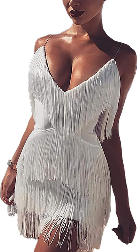 Womens Sexy 2 Piece Outfits Sleeveless Crop Top Feather Tassels Bodycon Mini Dress Outfits Clubwear | Amazon (US)