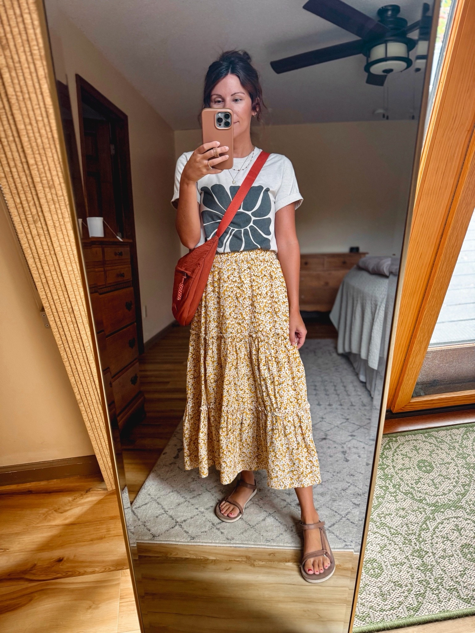 Easy late summer outfit 🧡

Wearing size small in my tee (MARISSA20 for $$ off) and size small in my midi skirt💛 my teva sandals fit true to size and are size 6.