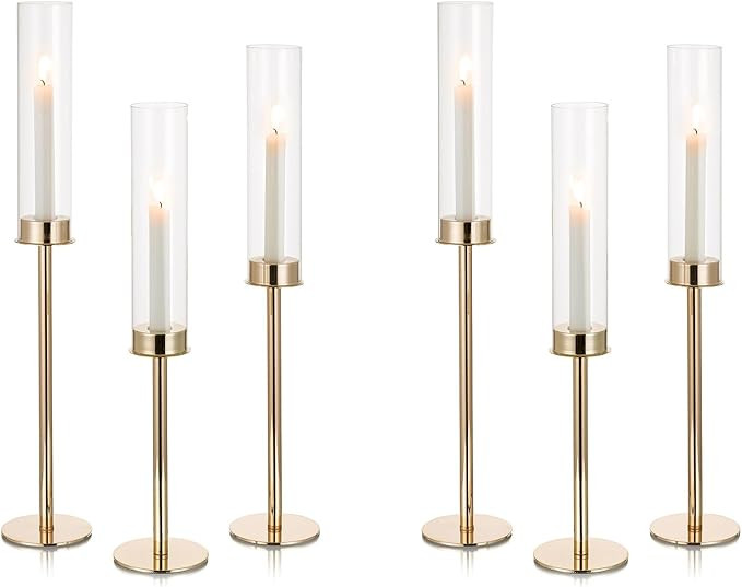 NUPTIO Hurricane Glass Candle Holders: Set of 6 Tall Gold Metal Candlestick Holder with Chimney T... | Amazon (US)