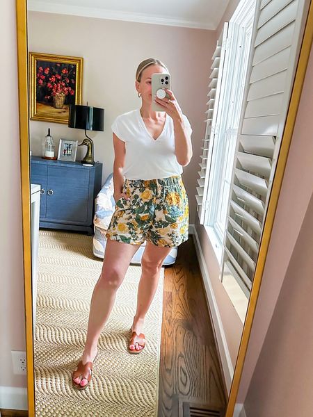 Floral linen shorts (size small) and an old Frame tee (linked similar that’s cheaper!)

#LTKStyleTip #LTKSeasonal