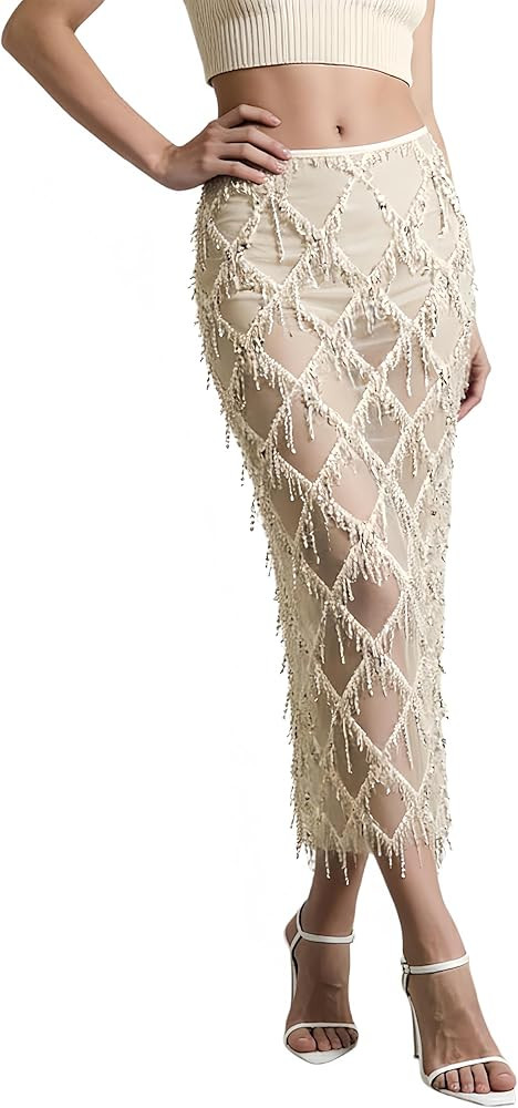 AXX Women's Sequin Fringe Midi Skirt - Sheer Mesh Sparkly Tassel Skirt with Side Slit, Elastic Wa... | Amazon (US)