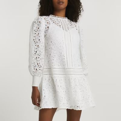 White lace long sleeve mini dress | River Island (UK & IE)