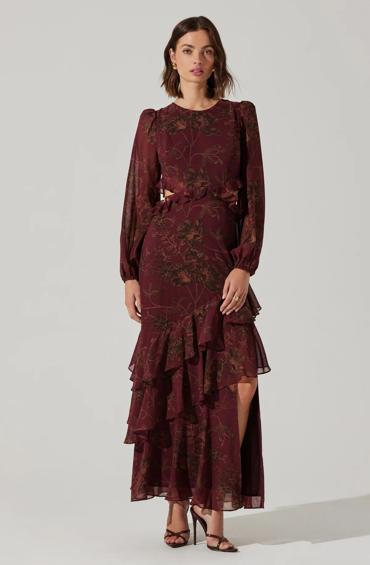 Biella Ruffle Floral Maxi Dress - Plum brown floral / XS | ASTR The Label (US)
