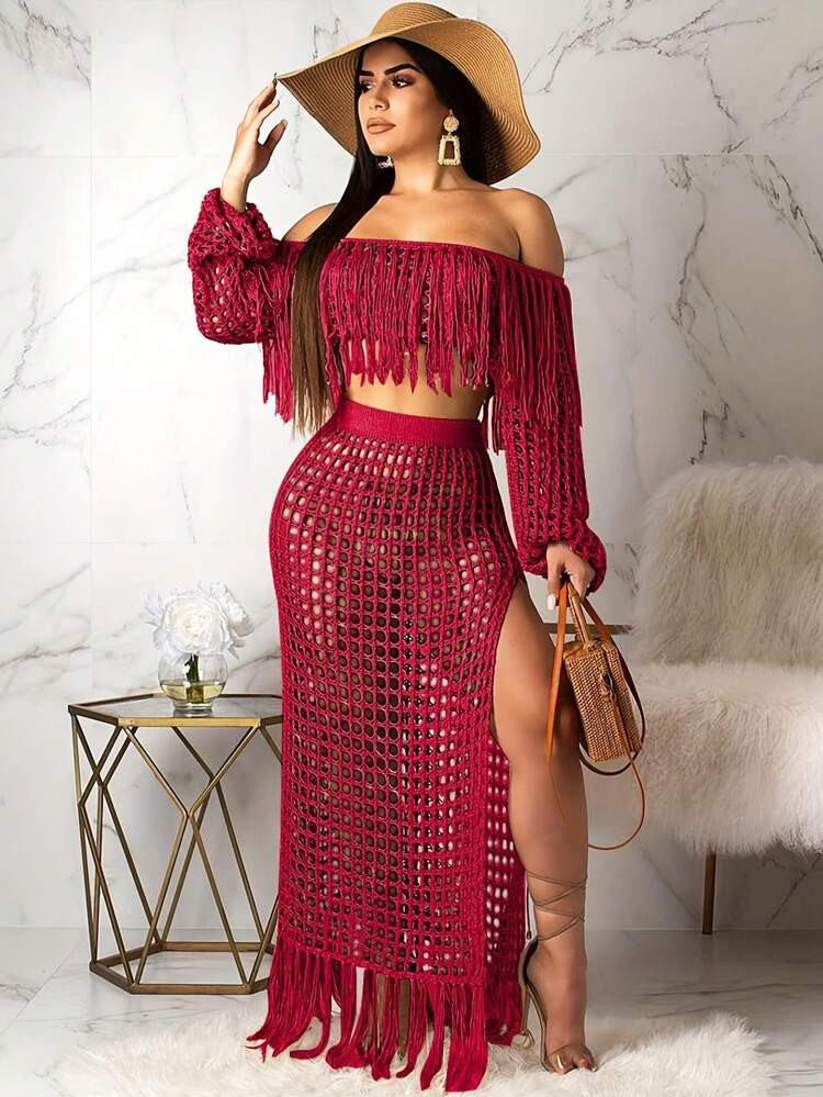Fashion Summer New Hollow-Out Sexy Mesh Tassel See-Through 2pcs Set For Women | SHEIN