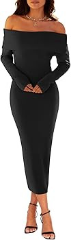 MEROKEETY Women's Winter Off Shoulder Bodycon Sweater Dress 2025 Formal Long Sleeve Elegant Club ... | Amazon (US)