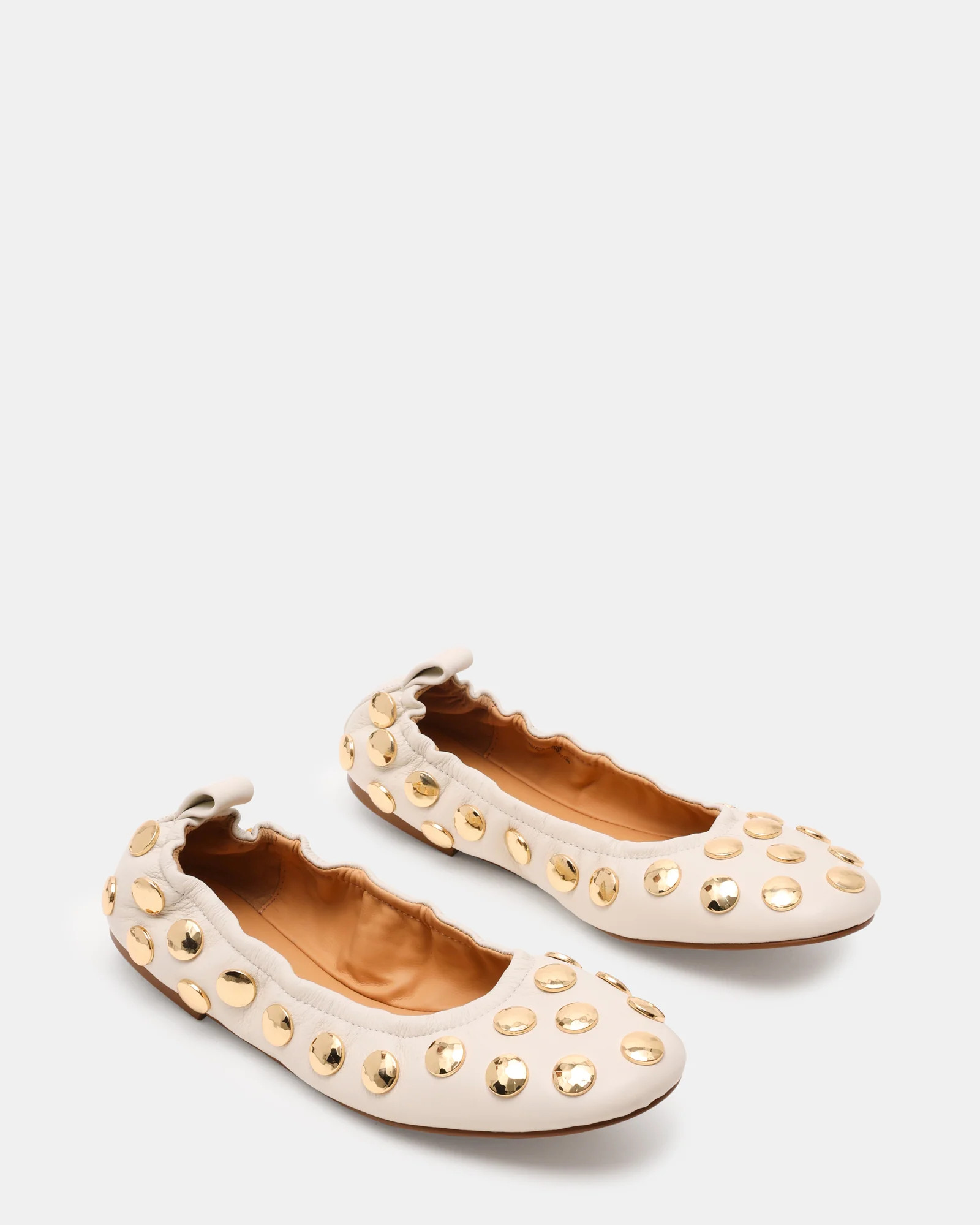 LANTA White Leather Studded Gold-Detail Round-Toe Women's Flat | Steve Madden (US)