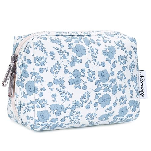 Narwey Small Cute Floral Makeup Bag for Purse Mini Cosmetic Bag Travel Makeup Pouch Zipper Pouch Cute Make up Bags with Compartments for Women Girls (Little Blue Flower, Small) | Amazon (US)