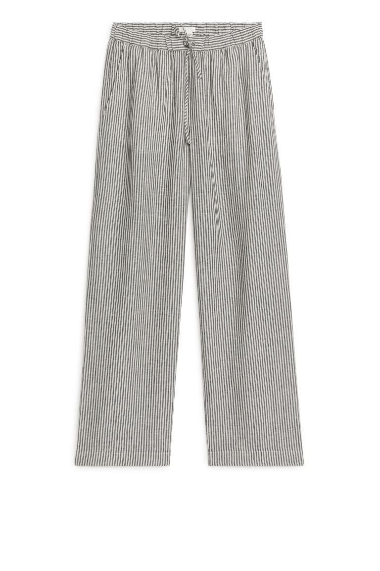 Linen Drawstring Trousers - Off White/Black - Ladies | H&M GB | H&M (UK, MY, IN, SG, PH, TW, HK)