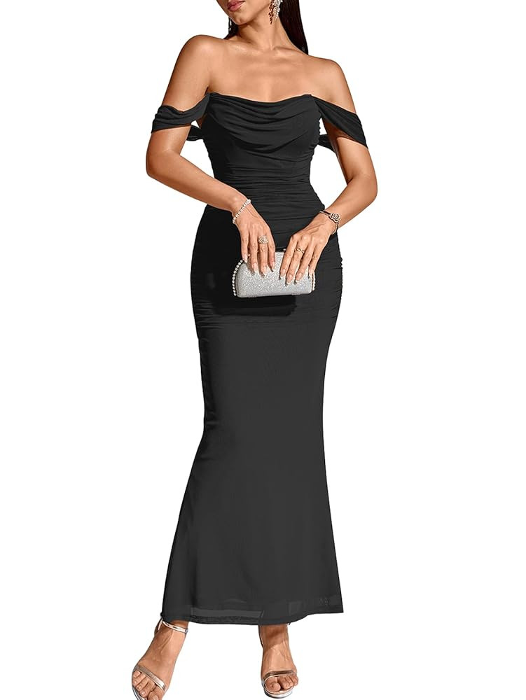 KUTUMAI Off The Shoulder Maxi Long Dress Corset Ruched Bodycon Formal Wedding Guest Dresses for W... | Amazon (US)