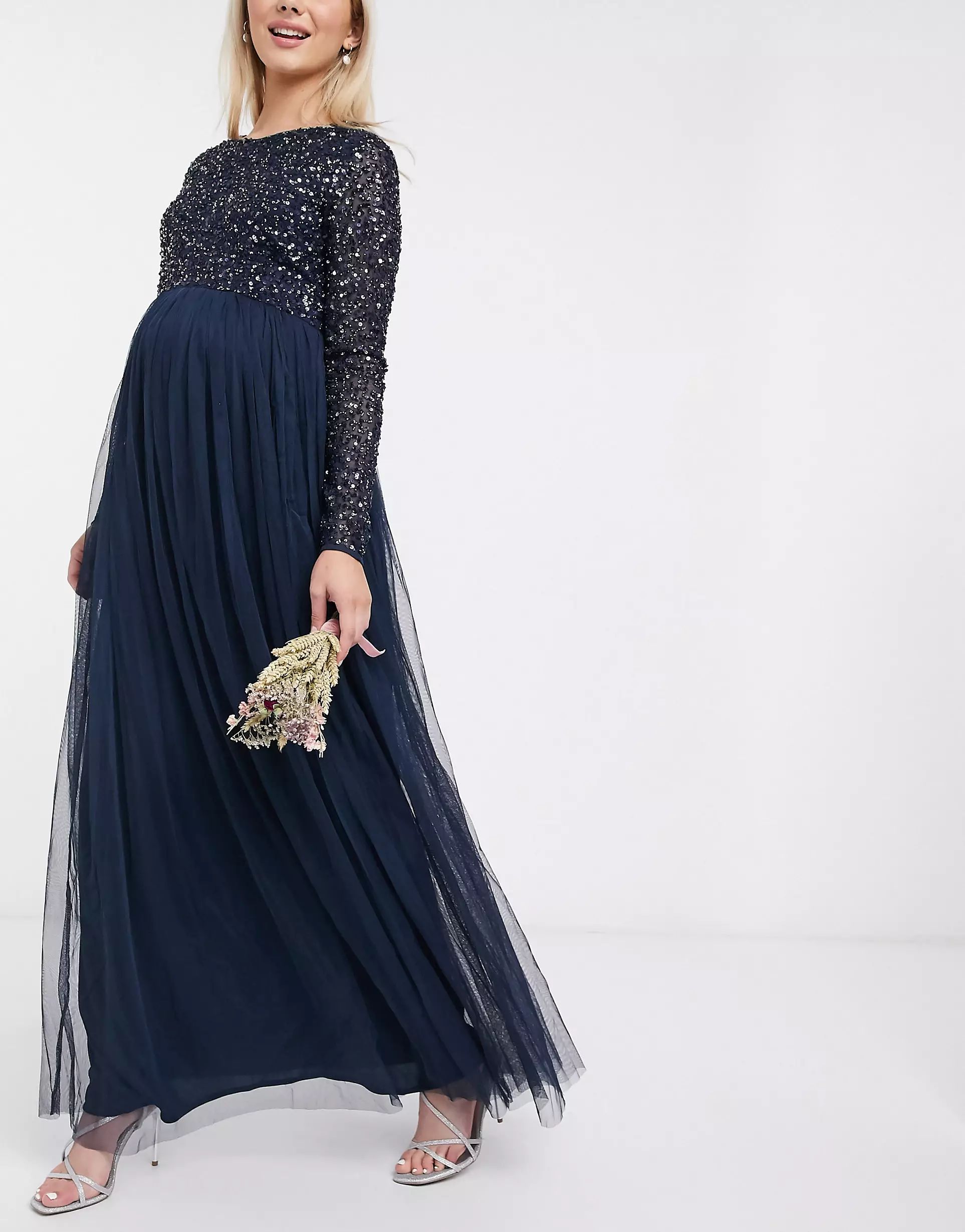 Maya Maternity Bridesmaid long sleeve maxi dress with delicate sequin in navy | ASOS (Global)