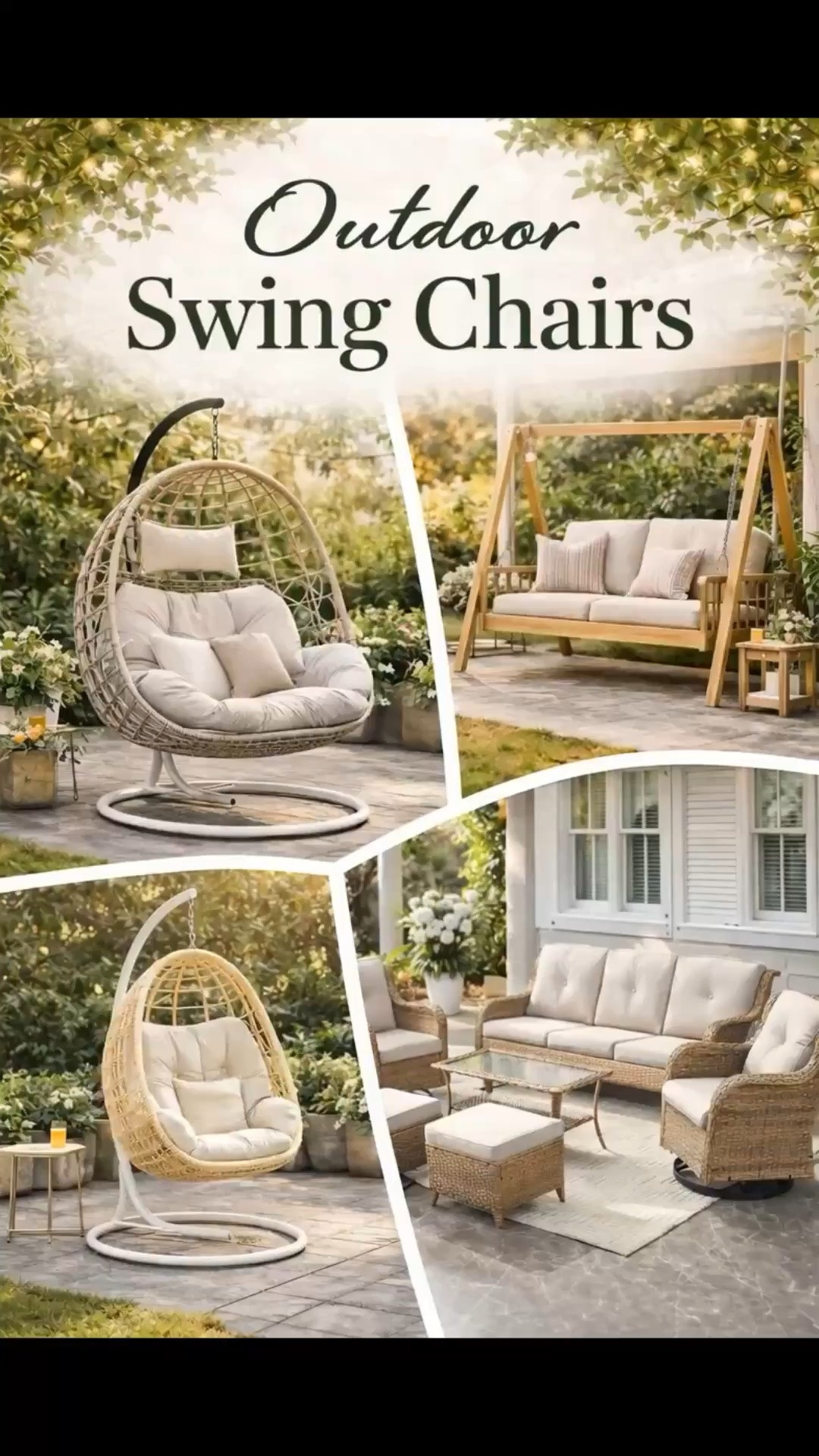 Outdoor Swing Chairs for a Cozy Patio & Garden Retreat Create your dream outdoor space with these beautiful swing chairs that instantly make any patio or garden feel warm, cozy, and inviting. From modern hanging egg chairs that give off a relaxed, resort-style vibe to classic porch swings perfect for lounging with family, these pieces bring both comfort and style to your outdoor living area. Imagine sipping your morning coffee, reading a book in the sunshine, or unwinding in the evening surrounded by soft lighting and greenery. These outdoor seating ideas are perfect for transforming your backyard into a peaceful escape you’ll never want to leave. If you’re looking to elevate your patio decor and create a stunning outdoor lounge, these are must-have pieces to inspire your space. #outdoordecor #patioideas #gardeninspiration #outdoorliving #backyarddecor #cozyhome #homedecorideas #patioinspo #outdoorfurniture #gardenstyle #backyardgoals #homeinspiration #cozyvibes #springdecor #summerdecor