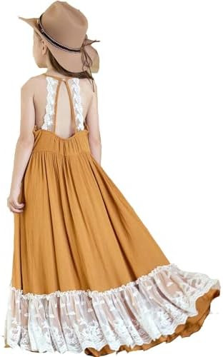 BIBIHOU Girls Kids Lace Back Full-Length Backless Tulle Party Holiday Formal Flower Girl Dress | Amazon (US)