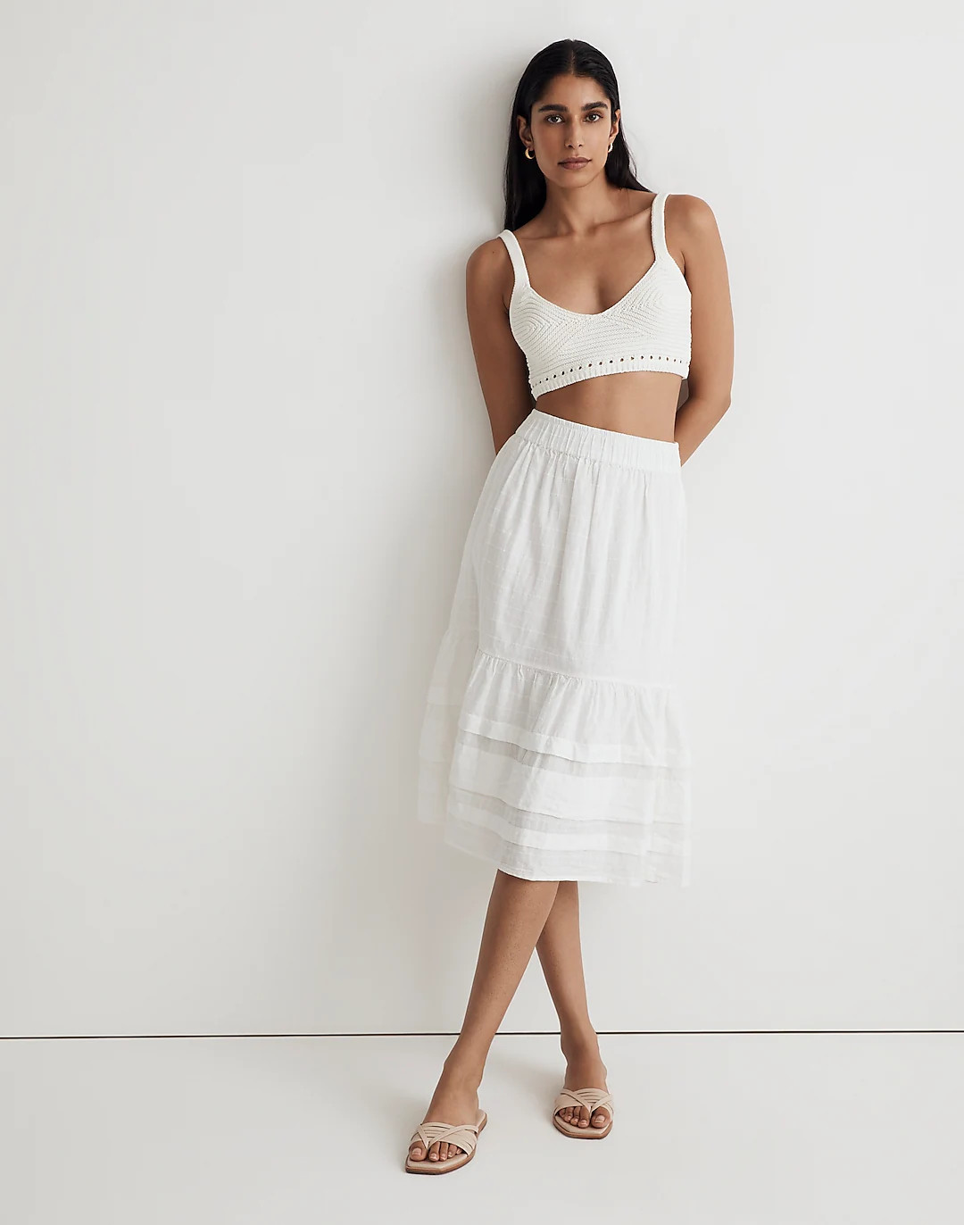 Pintuck Tiered Midi Skirt in Windowpane Pattern | Madewell