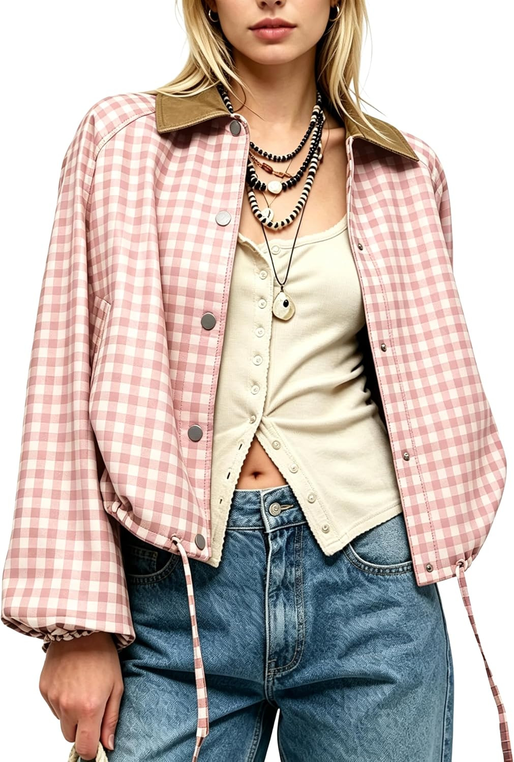Women Gingham Jacket Corduroy Collar Shacket | Amazon (US)