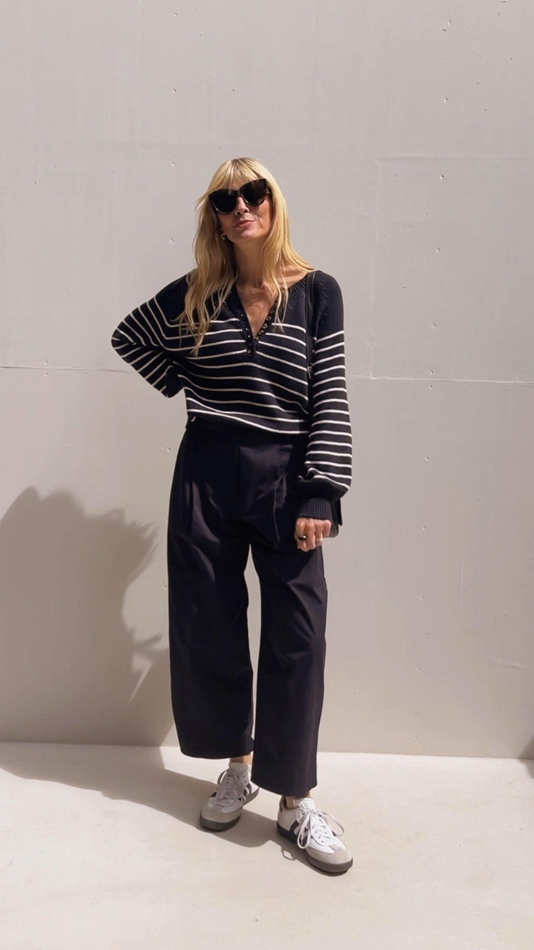 Polo striped pullover jumper, trousers, samba white black adidas trainers, black crossbody bag

#LTKeurope #LTKSeasonal #LTKstyletip