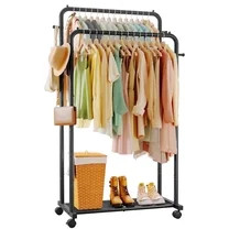 Sakugi Clothes Rack, Double-Rod Garment Rack with Hooks & Mesh Shlef, Versatile Clothing Racks fo... | Walmart (US)