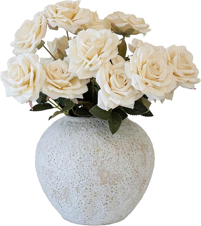 White Ceramic Vase with Ivory White Artificial Rose Bundles, Silk Roses in Vase for Home Decor Ce... | Amazon (US)