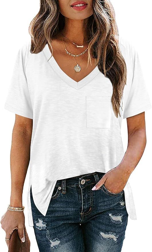 Womens Short Sleeve V Neck Summer Tops with Pocket Side Split T-Shirts Loose Fit | Amazon (US)