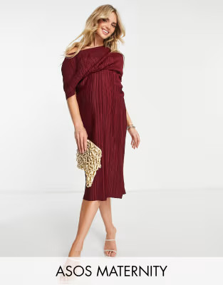 ASOS DESIGN Maternity off the shoulder plisse midi dress in wine | ASOS (Global)