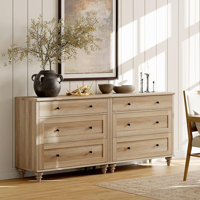 WAMPAT Dresser for Bedroom with 6 Drawers, Oak Kids Dressers with Wide Chest of Drawers, Mid Cent... | Amazon (US)