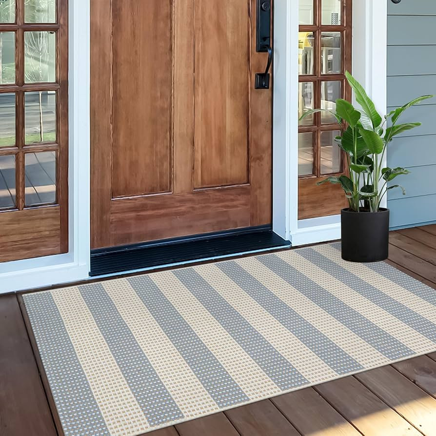 OJIA Outdoor Porch Rug Front Door Mat 24'x51, Washable Checkered Blue and White Striped Front Doo... | Amazon (US)