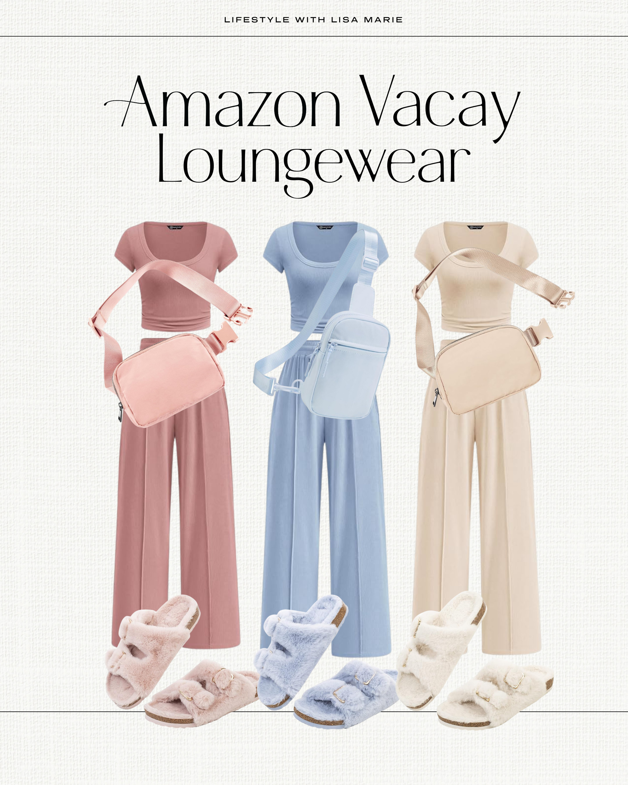 Amazon vacay loungewear. Vacation loungewear. Resort wear. Resort loungewear. Spring outfits. Elevated casual outfits. Neutral loungewear. Matching sets. Slipper shoes. Cropped tops. Crossbody fanny pack. Spring loungewear.  

 #LTKootd #LTKmomlife #LTKPetite