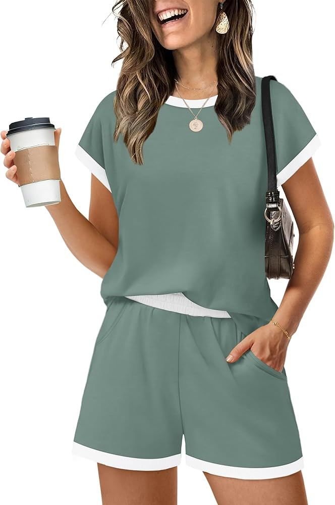 WIHOLL Two Piece Sets for Women Summer Lounge Short Sets Cap Sleeve Crew Neck Sweatsuit with Pock... | Amazon (US)