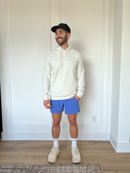 Size medium hoodie, size small (5”) short, camo hat, shoes tts! #outfitsfordudes #workoutwear #lululemon