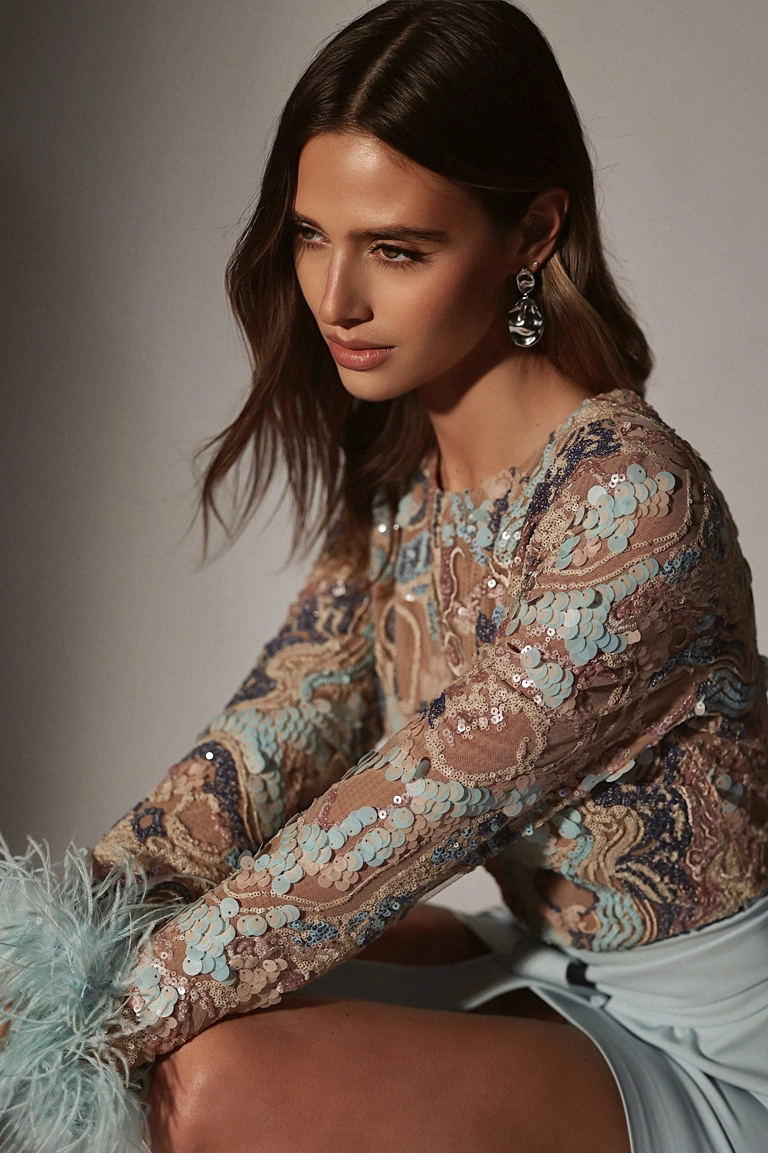 MEDINA Embellished Feather Cuff Mini Dress In Blue | Lavish Alice Retail Ltd