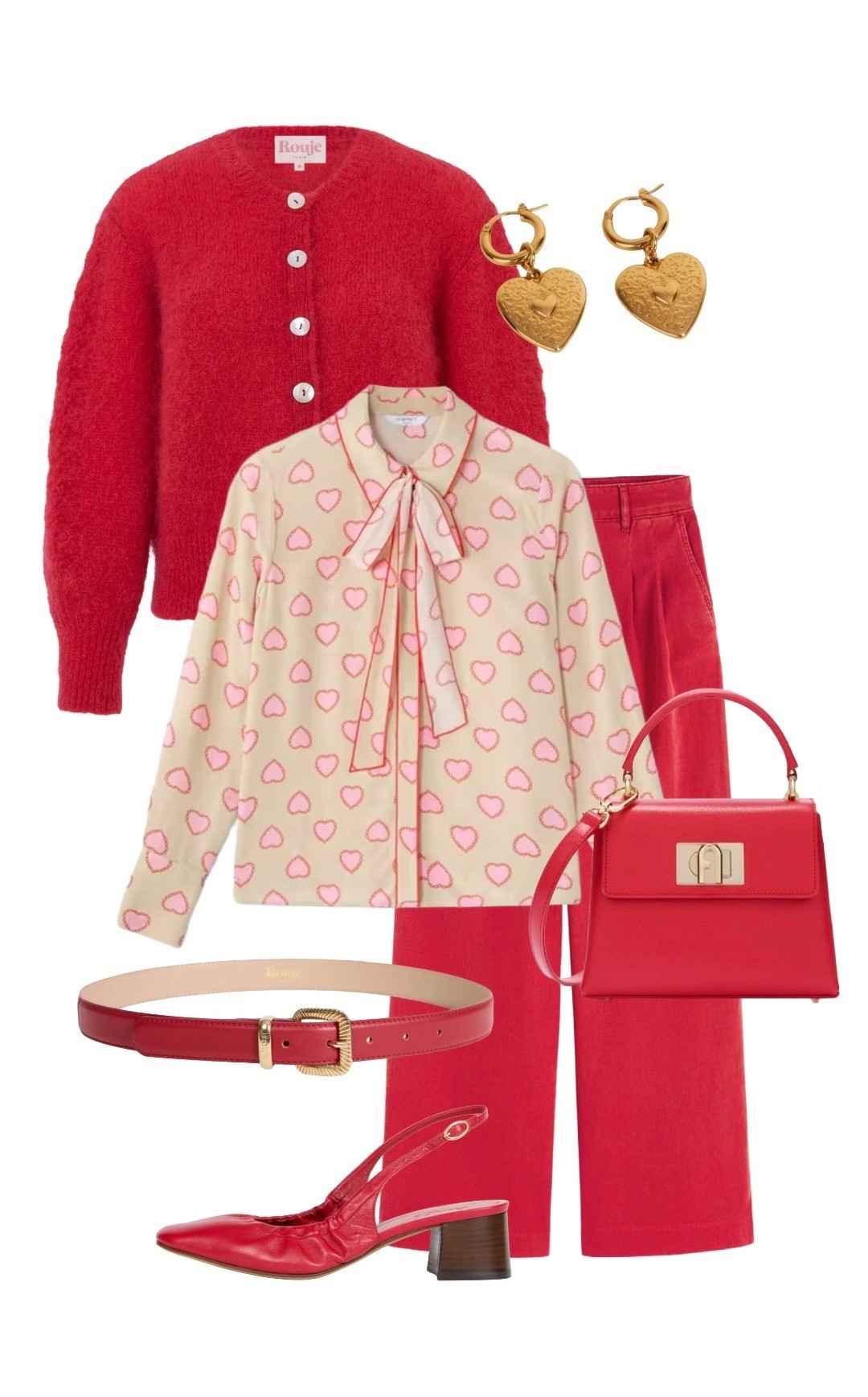 
Heart Blouse - LK Bennett (on sale)
Kensington Red Trousers - Boden
Red 1927 Bag - Furla 
Earrings, Cardigan, Belt and Shoes - Rouje Paris (not on LTK)

#LTKuk #LTKdatenight #LTKeurope