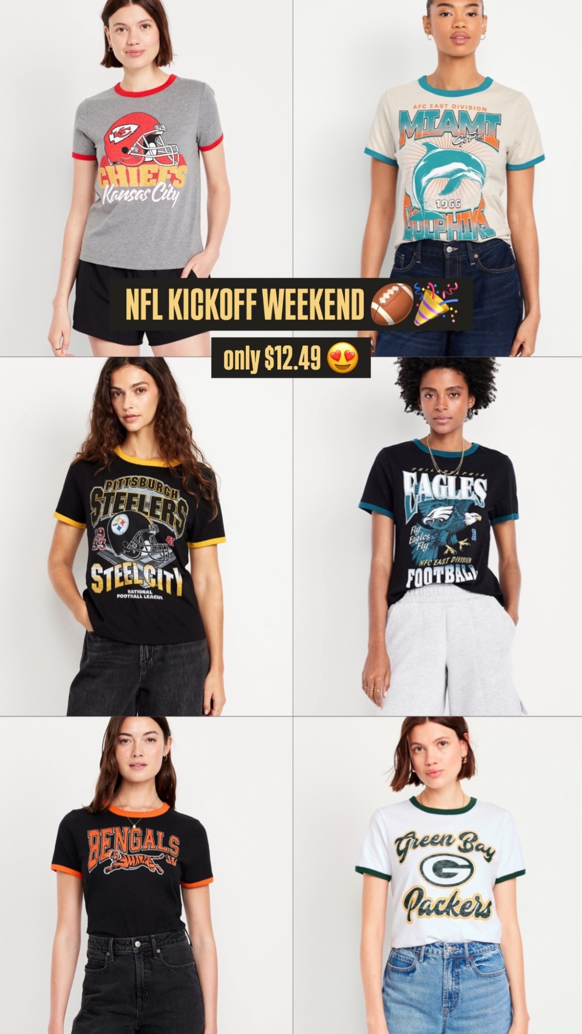 NFL kickoff weekend to all who celebrate 🎉🏈 I’m loving these $12 tshirts - on sale today only! NFL, nfl football, chiefs, dolphins, Steelers, eagles, packers, bengals 

#LTKSaleAlert #LTKMidsize #LTKSeasonal