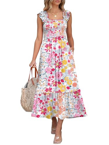 ANRABESS Womens Summer Sleeveless Maxi Dress Square Neck Smocked Boho Casual Ruffle Strap Flowy A... | Amazon (US)