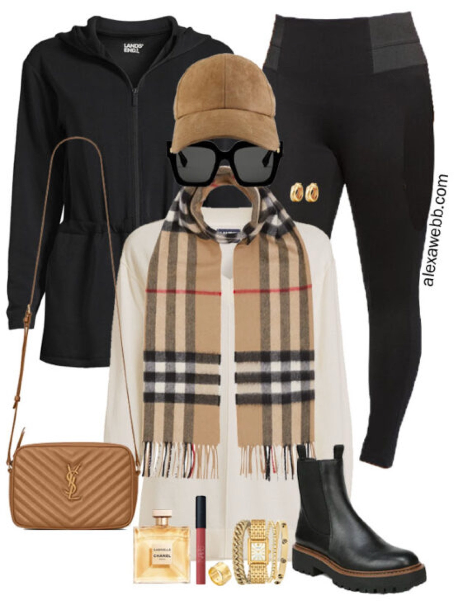 Plus Size Black Leggings Outfits - A plus size casual outfit for fall and winter with my favorite ponte knit leggings, an ivory tunic sweater, Burberry check scarf, suede baseball cap, YSL crossbody bag, and black ankle booties. Alexa Webb

#LTKStyleTip #LTKPlusSize #LTKSeasonal