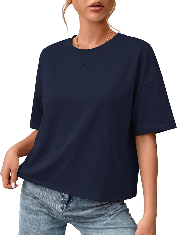 Quenteen Cotton Boxy T-Shirts for Women Open Back Casual Workout Crop Top | Amazon (US)