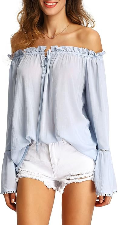Floerns Women's Bell Long Sleeve Ruffle Off The Shoulder Blouse Tops | Amazon (US)