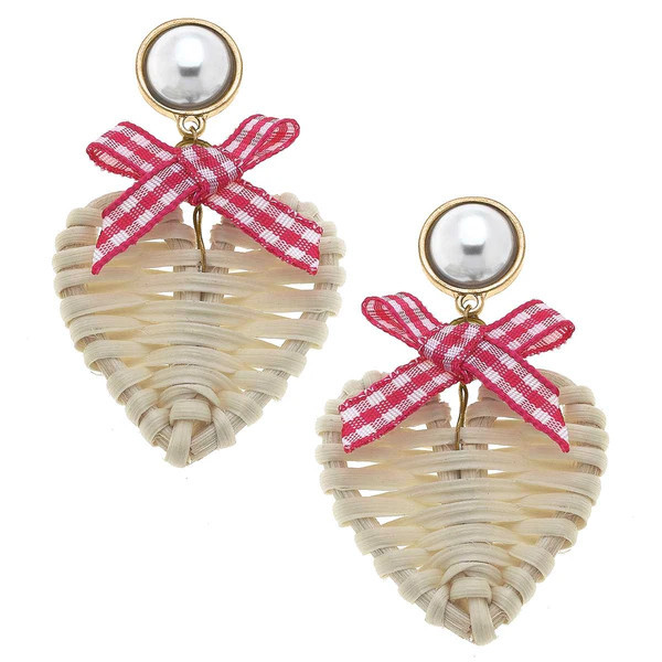 Piper Rattan & Gingham Heart Drop Earrings in Fuchsia | CANVAS