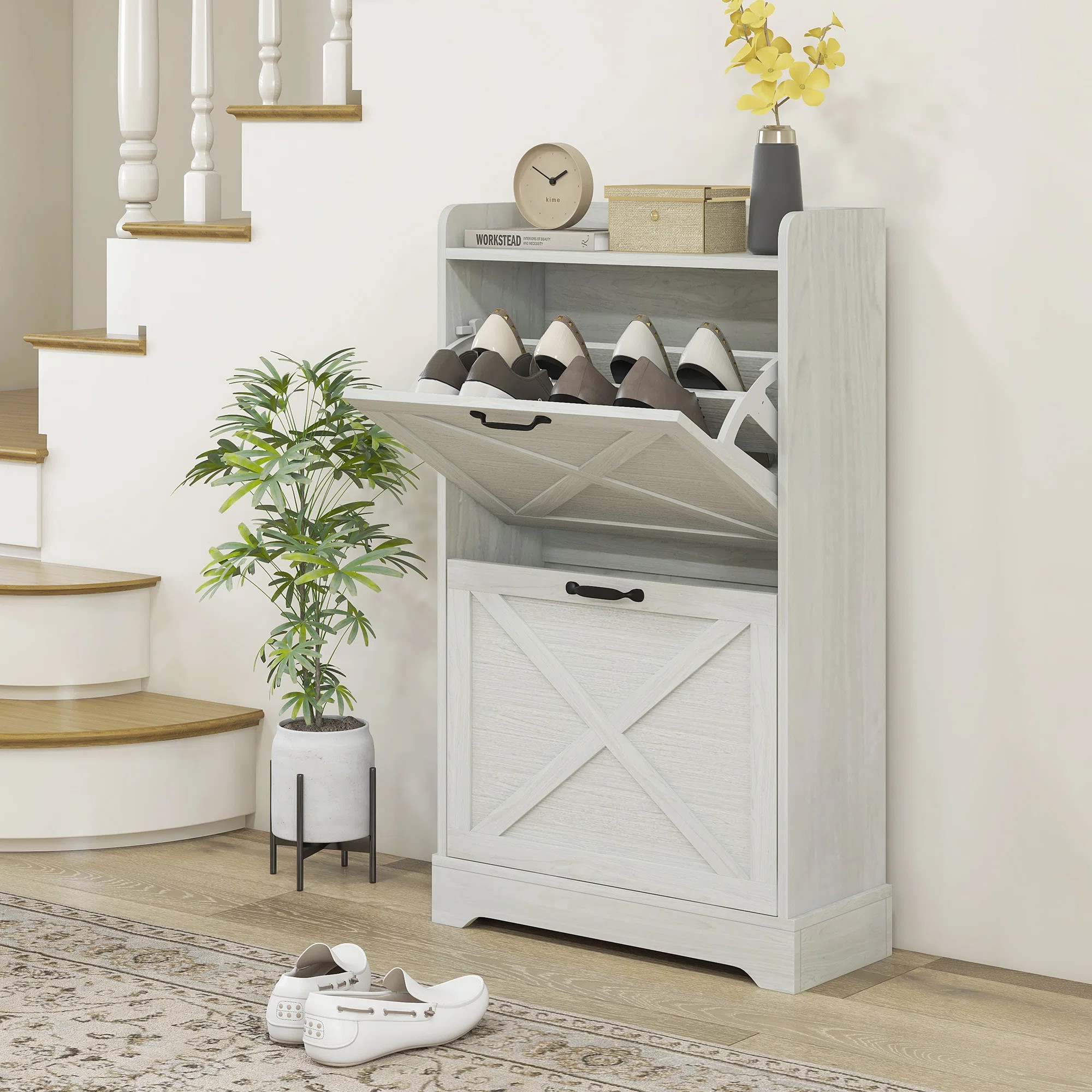 Hokku Designs Slim Shoe Cabinet For Entryway, Farmhouse Hidden Shoe Storage Cabinet With 2 Flip D... | Wayfair North America