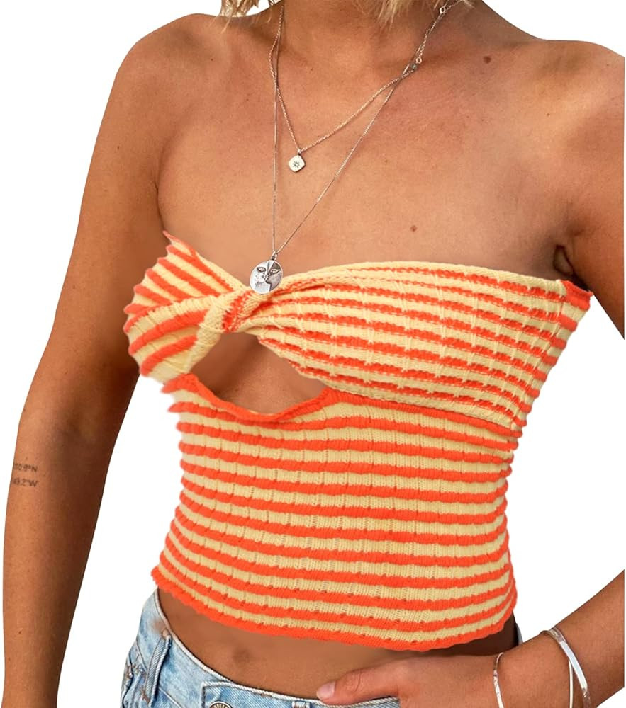 ACOSAP Women's Sexy Crop Top Sleeveless Striped Print Ribbed Knit Stretchy Strapless Tube Top | Amazon (US)