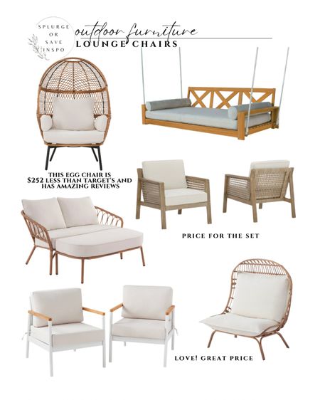 Outdoor furniture that’s budget friendly such as egg chair. Longing chairs and outdoor swing. Patio chairs. Patio accent chair. Patio lounge chairs. 

#LTKsalealert #LTKhome #LTKFind