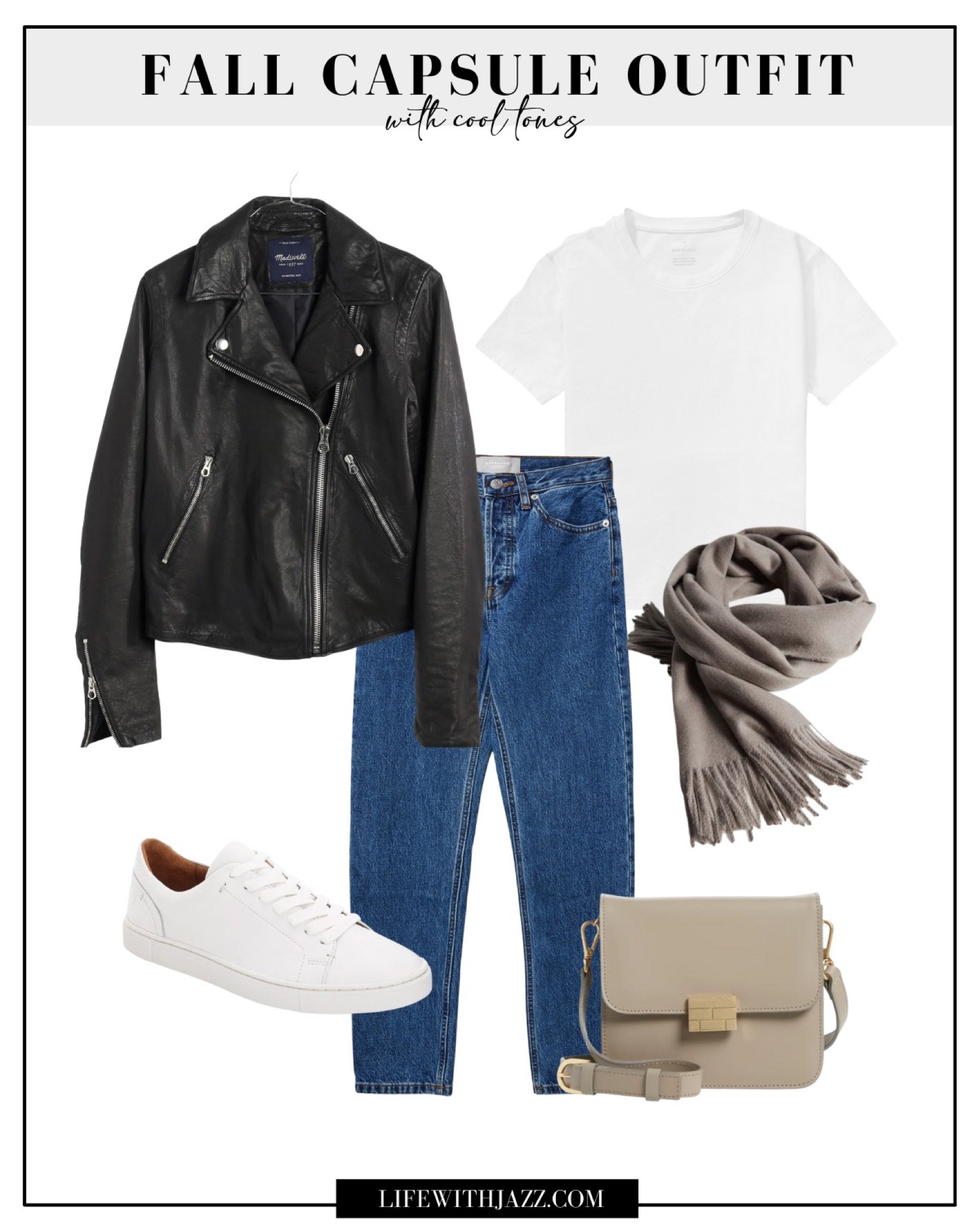 Fall capsule outfit with cool tones - last days of leather jacket sale at madewell 

Everlane jeans / classic white tee / white sneakers 

#LTKsalealert #LTKSeasonal #LTKstyletip