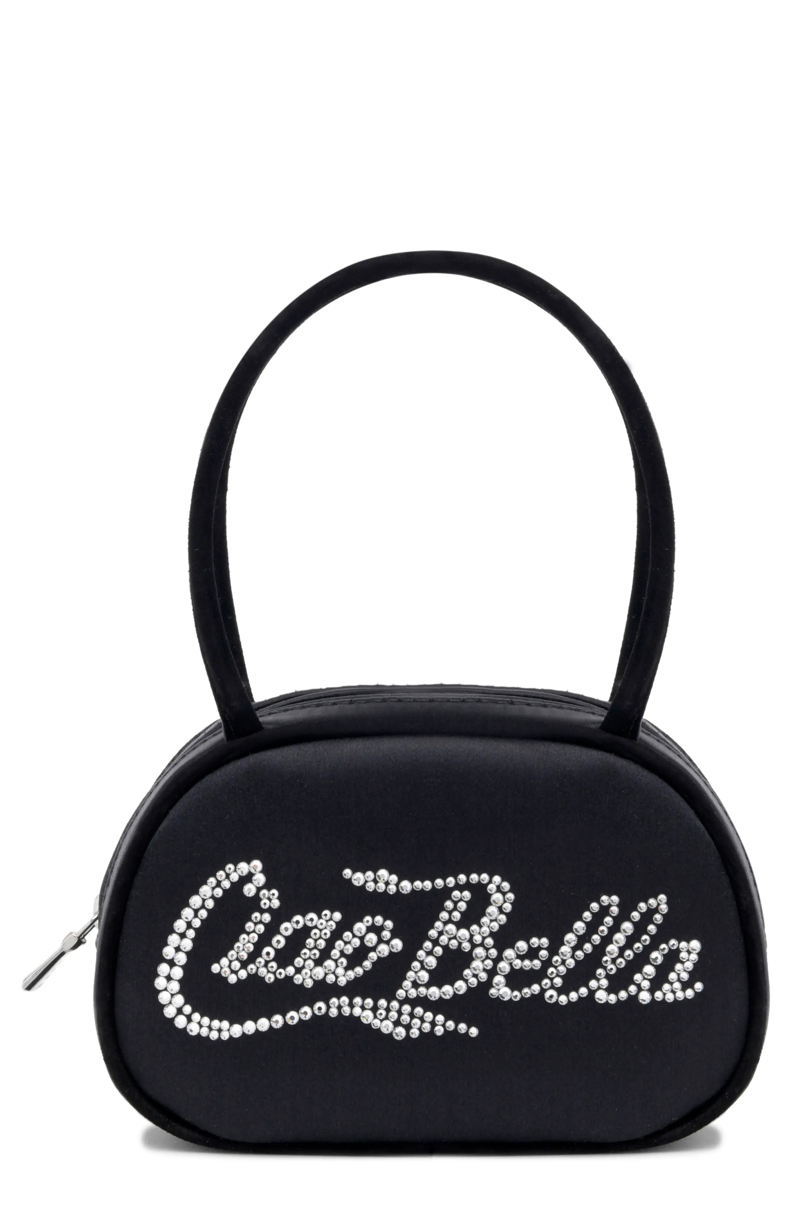 Amina Muaddi Ciao Bella Crystal Embellished Top Handle Bag in Black Satin White Crystal at Nordstrom | Nordstrom