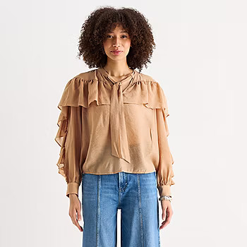 new!a.n.a Ruffle Womens Split Tie Neck Long Sleeve Blouse | JCPenney