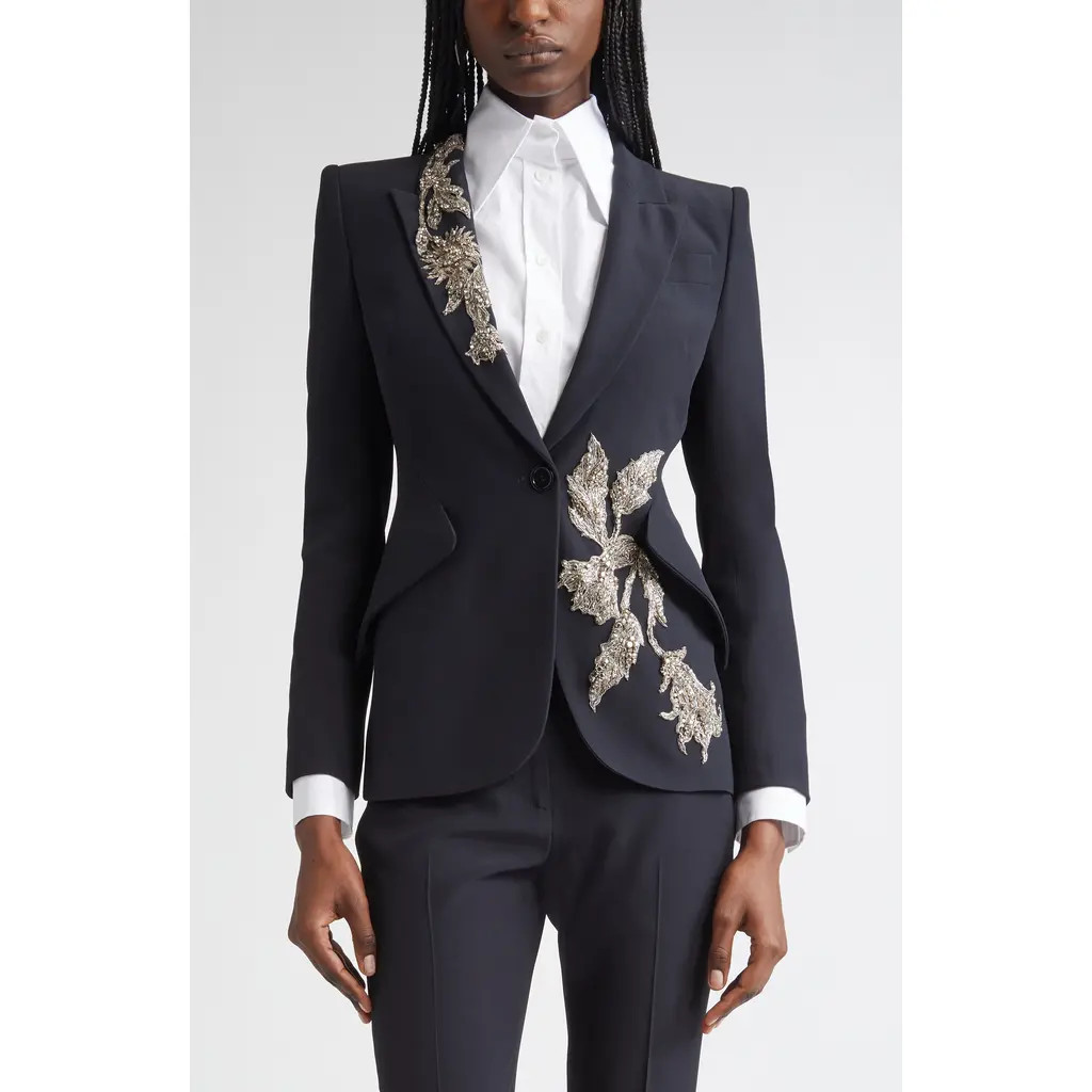 McQueen Banshee Embroidery Leaf Crepe Blazer in Black at Nordstrom, Size 8 Us | Nordstrom