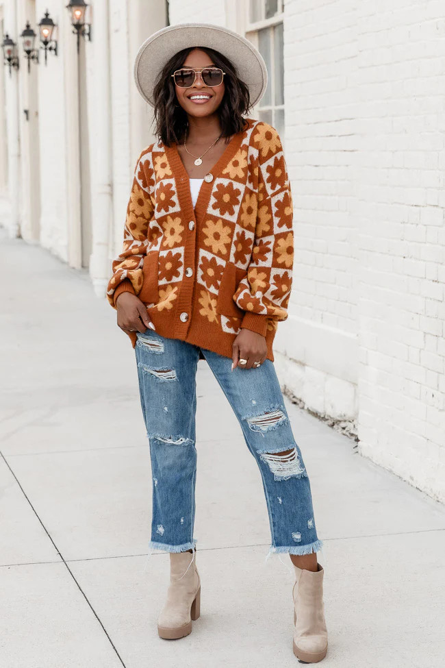 Full Heart Brown and Mustard Checkered Daisy Cardigan | Pink Lily