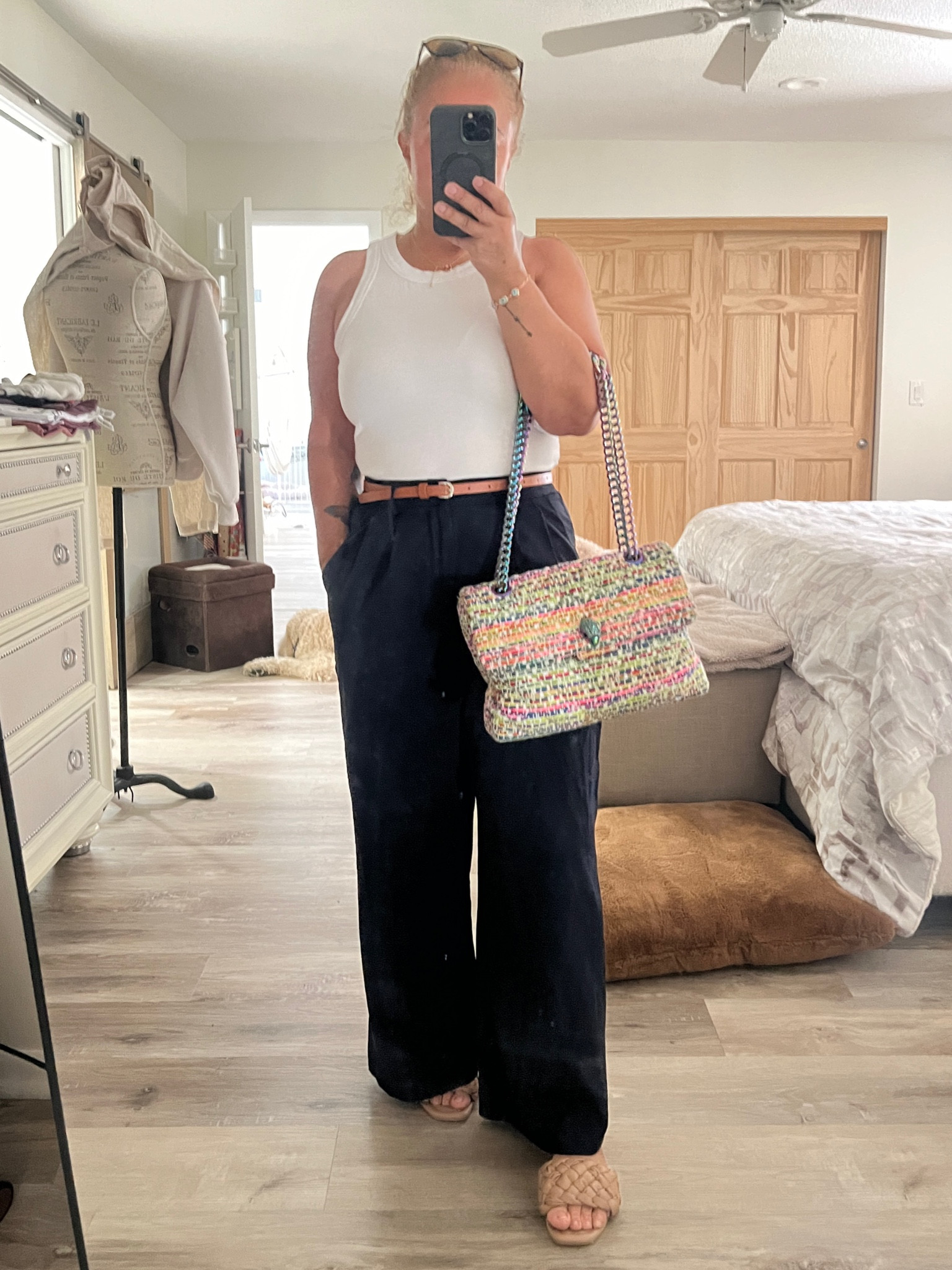 Today looks-Navy blue trouser pants, white top, nude sandals and this colorful bag Kurt Geiger London.




#LTKbag

#LTKOver40 #LTKMidsize #LTKSeasonal