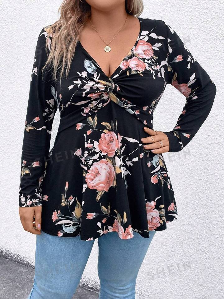 SHEIN LUNE Plus Floral Print Twist Front Peplum Tee | SHEIN