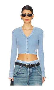 Alexander Wang Long Sleeve Waffle Cardigan in Washed Blue from Revolve.com | Revolve Clothing (Global)